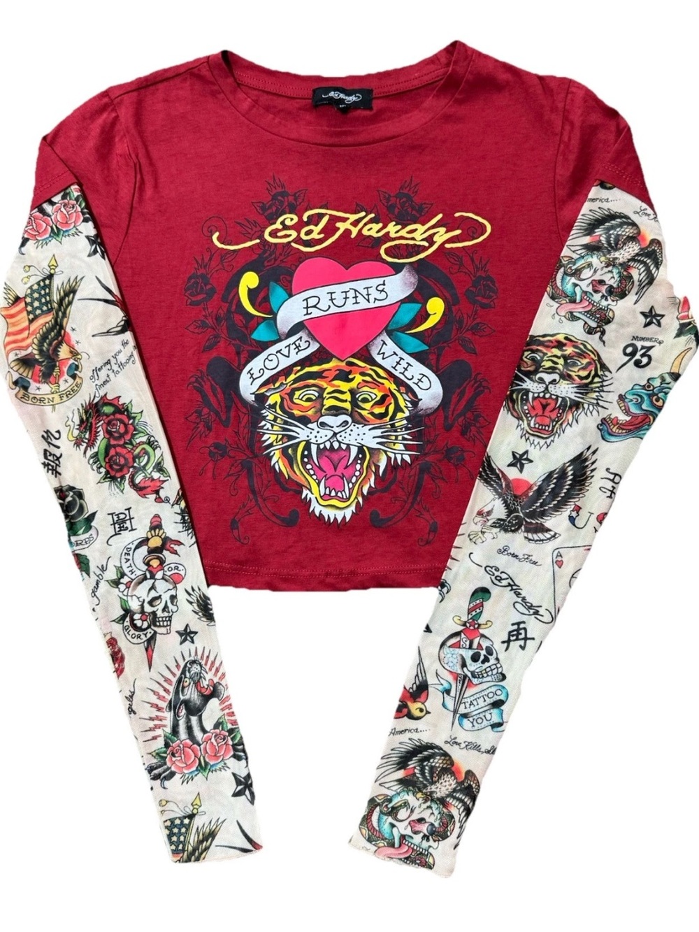 Ed Hardy Medium Red Crop Top Long Tattoo Sleeve Love Runs Wild Tiger Heart Y2K